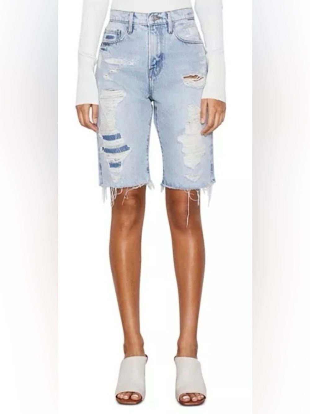 FRAME Le Vintage Bermuda Shorts Distressed Patched Streetwear 24 Cotton